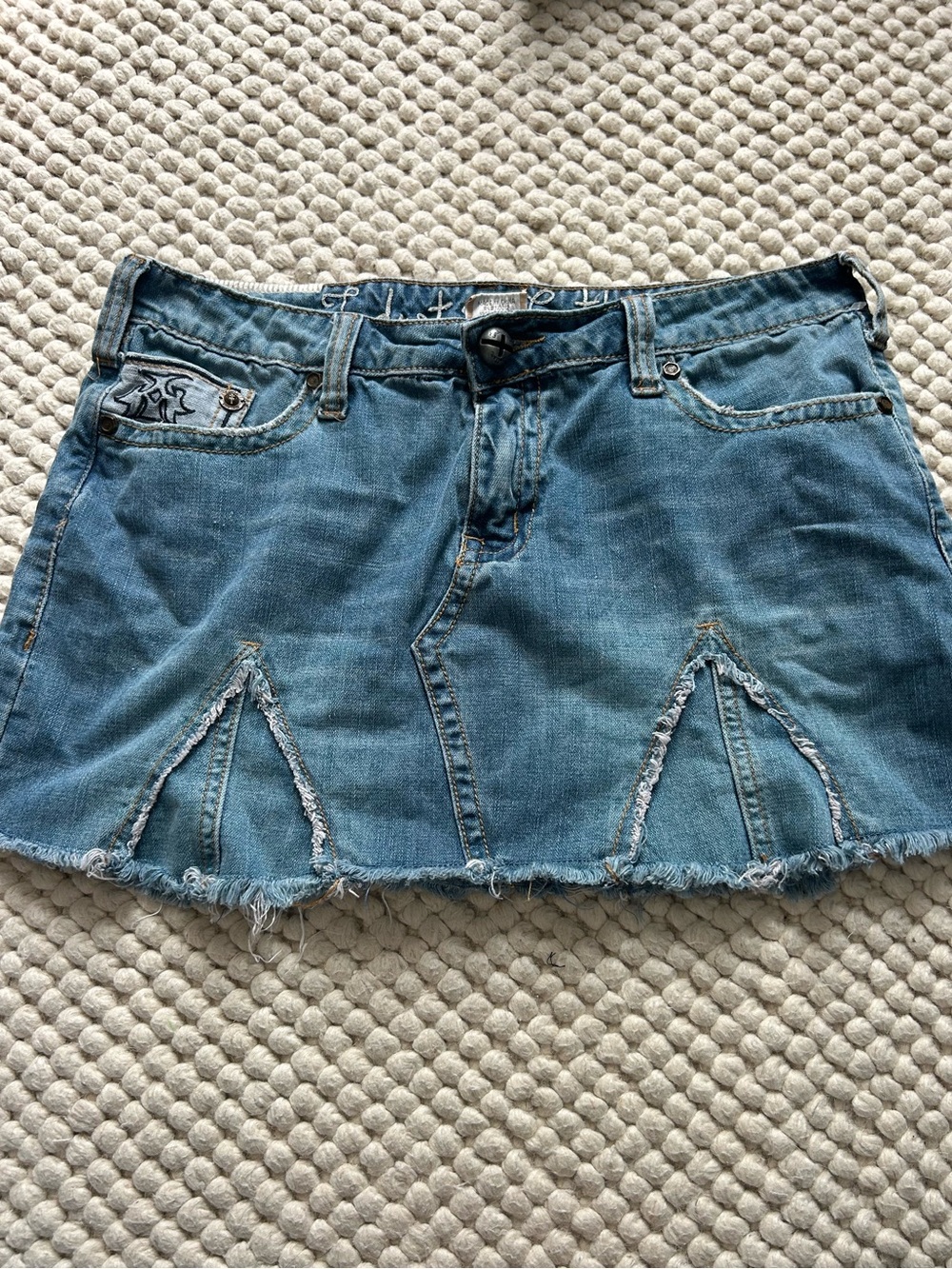 Denim Mini Skirt with Distressed Triangle Panels - Blue